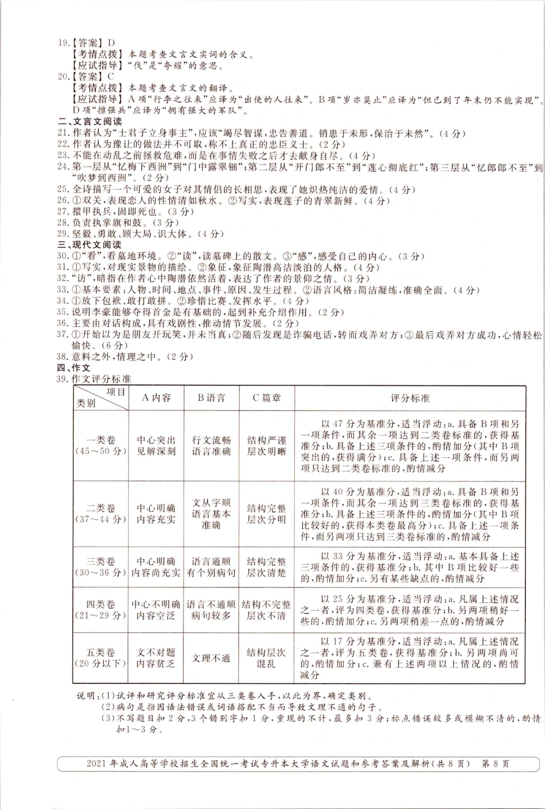 2021年重庆成人高考专升本大学语文考试真题及解析