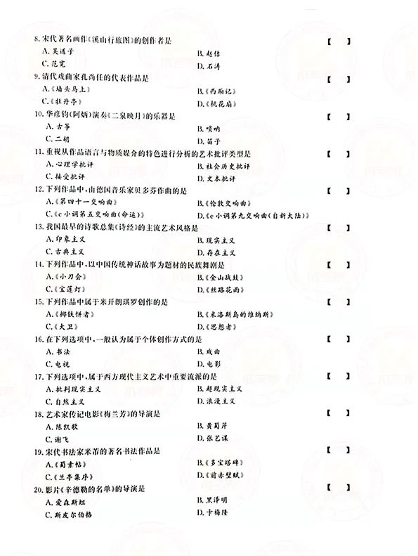 2021年重庆市成人高考专升本艺术概论真题及答案